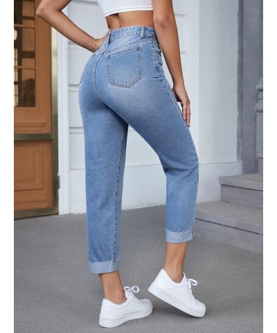 Women's High Waist Bleach Wash Roll Hem Mom Fit Zipper Fly Jeans with Pocket Light Wash $27.43 Jeans