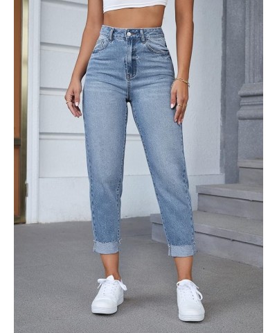 Women's High Waist Bleach Wash Roll Hem Mom Fit Zipper Fly Jeans with Pocket Light Wash $27.43 Jeans