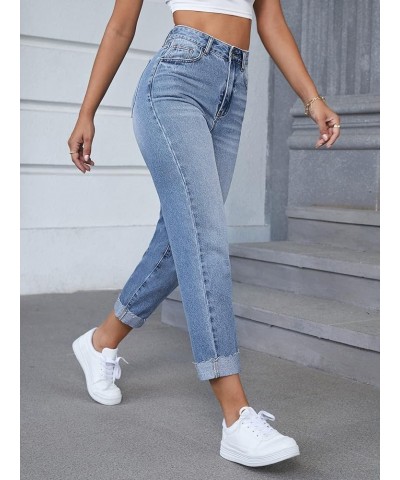 Women's High Waist Bleach Wash Roll Hem Mom Fit Zipper Fly Jeans with Pocket Light Wash $27.43 Jeans