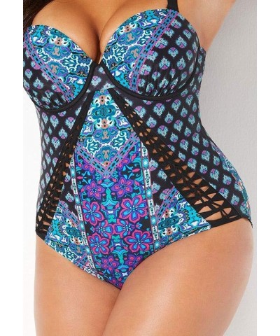 Women's Plus Size Macrame Underwire One Piece Swimsuit Multi Chevron $23.89 Swimsuits