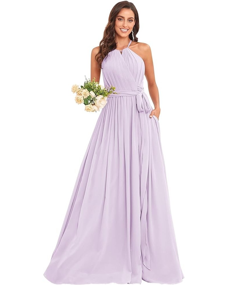 Women's Halter Bridesmaid Dresses for Wedding Chiffon Long Formal Prom Dress Wedding Guest Evening Gowns with Slit Lilac $33....