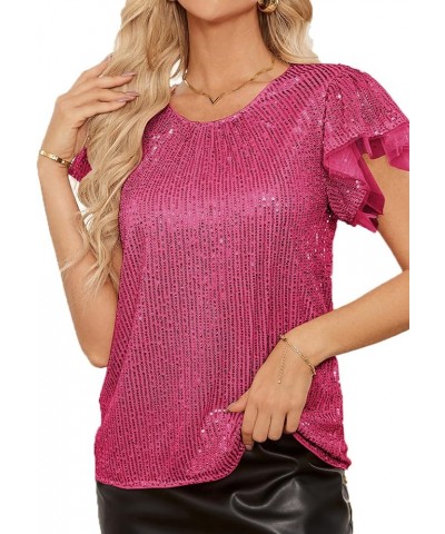 Women's Sparkly Sequin Tops Short Sleeve Glitter Dressy Blouses Round Neck Party Club Ruffle Sequins Shirts Rose $26.09 Blouses