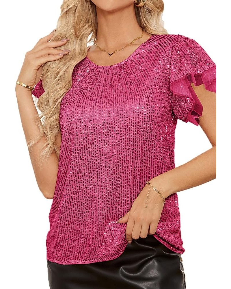 Women's Sparkly Sequin Tops Short Sleeve Glitter Dressy Blouses Round Neck Party Club Ruffle Sequins Shirts Rose $26.09 Blouses