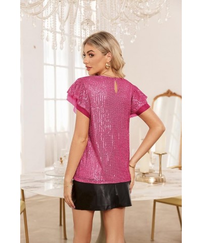 Women's Sparkly Sequin Tops Short Sleeve Glitter Dressy Blouses Round Neck Party Club Ruffle Sequins Shirts Rose $26.09 Blouses