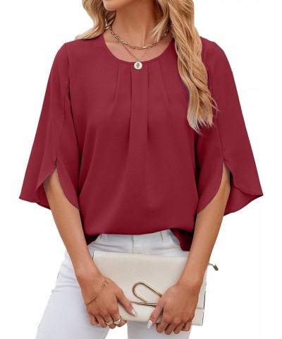 Womens Summer Chiffon Blouses Floral Print Round Neck 3/4 Sleeve Tops Dressy Casual T-Shirts Wine Red $12.69 Blouses