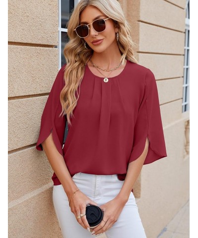 Womens Summer Chiffon Blouses Floral Print Round Neck 3/4 Sleeve Tops Dressy Casual T-Shirts Wine Red $12.69 Blouses