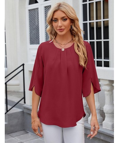 Womens Summer Chiffon Blouses Floral Print Round Neck 3/4 Sleeve Tops Dressy Casual T-Shirts Wine Red $12.69 Blouses