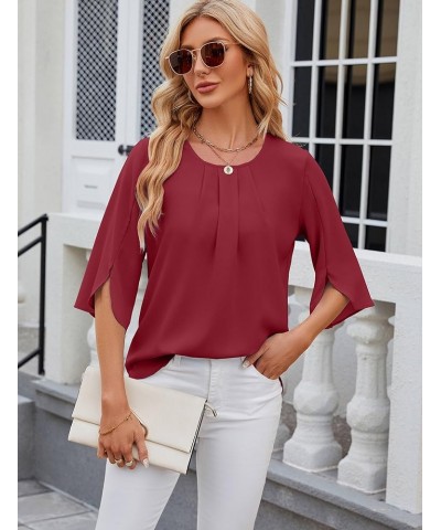 Womens Summer Chiffon Blouses Floral Print Round Neck 3/4 Sleeve Tops Dressy Casual T-Shirts Wine Red $12.69 Blouses