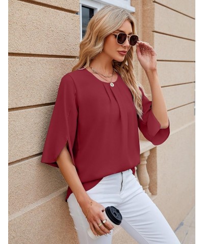 Womens Summer Chiffon Blouses Floral Print Round Neck 3/4 Sleeve Tops Dressy Casual T-Shirts Wine Red $12.69 Blouses