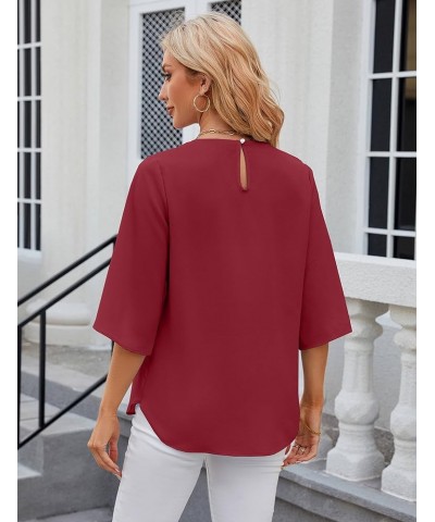 Womens Summer Chiffon Blouses Floral Print Round Neck 3/4 Sleeve Tops Dressy Casual T-Shirts Wine Red $12.69 Blouses