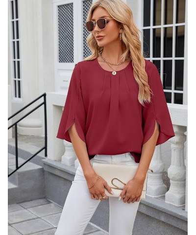 Womens Summer Chiffon Blouses Floral Print Round Neck 3/4 Sleeve Tops Dressy Casual T-Shirts Wine Red $12.69 Blouses