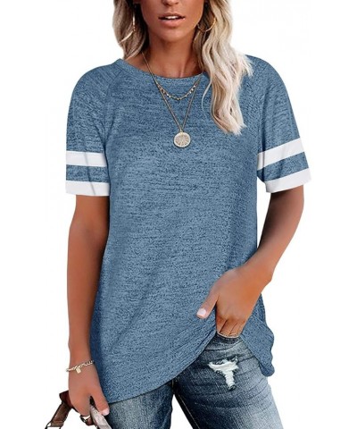 Womens T Shirts Short Sleeve Tunic Tops Loose Crewneck Color Block Casual Tee Shirts Blouses Blue $13.19 Tops