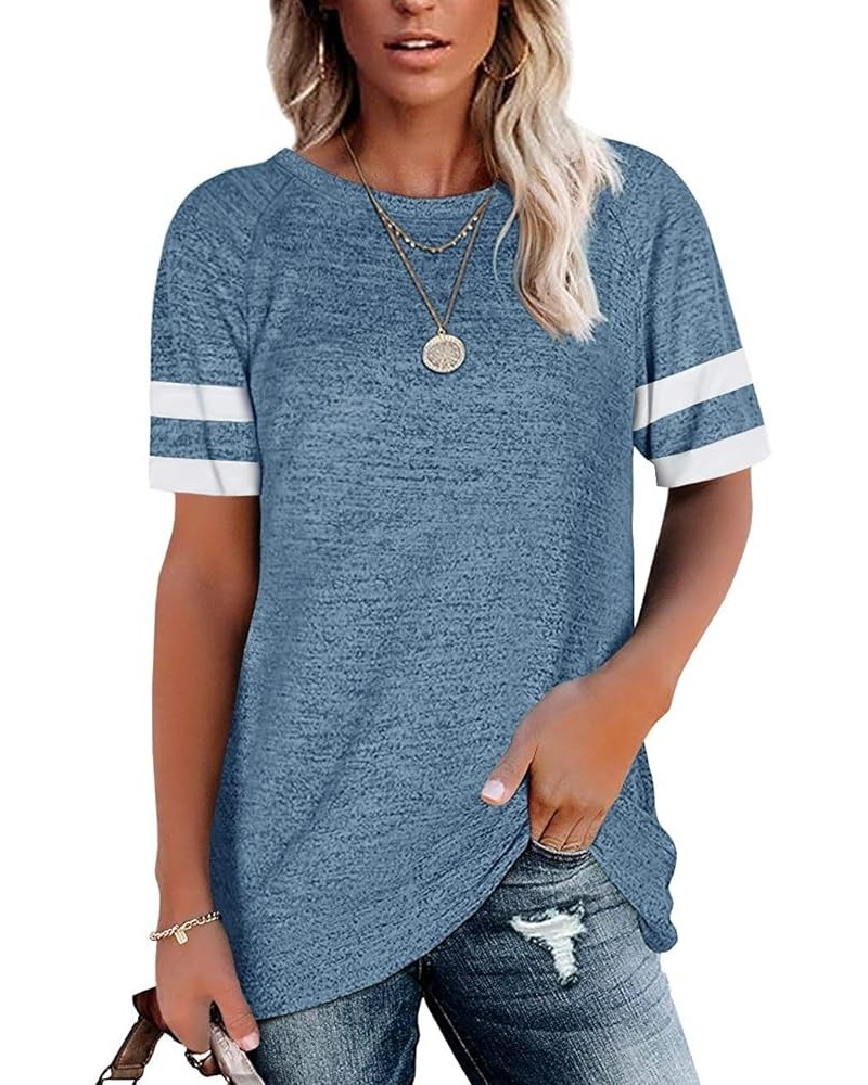 Womens T Shirts Short Sleeve Tunic Tops Loose Crewneck Color Block Casual Tee Shirts Blouses Blue $13.19 Tops