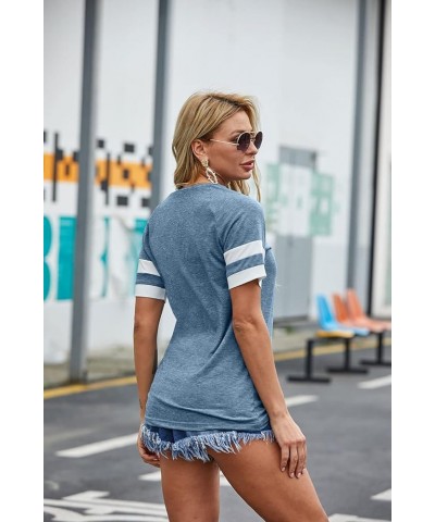 Womens T Shirts Short Sleeve Tunic Tops Loose Crewneck Color Block Casual Tee Shirts Blouses Blue $13.19 Tops