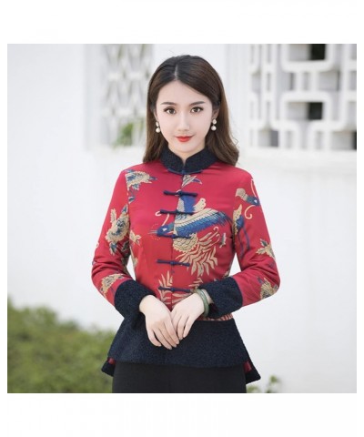 Women Qipao Botton Cotton Clothes Chinese Style Print Tang Suit Clothes Lady Slim Coats Oriental Clothing red-L Small Red $32...