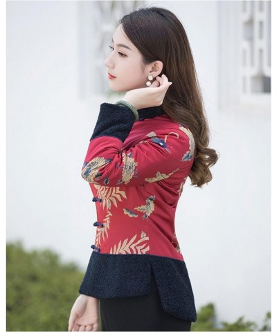 Women Qipao Botton Cotton Clothes Chinese Style Print Tang Suit Clothes Lady Slim Coats Oriental Clothing red-L Small Red $32...