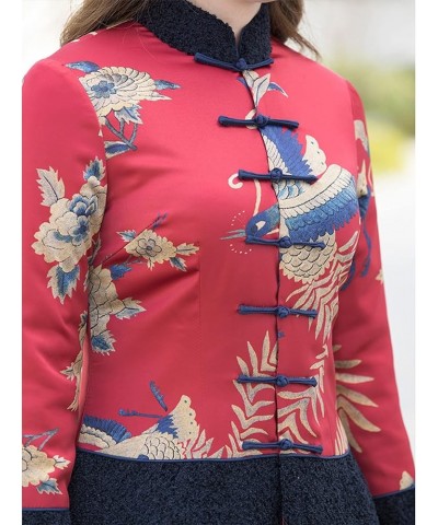 Women Qipao Botton Cotton Clothes Chinese Style Print Tang Suit Clothes Lady Slim Coats Oriental Clothing red-L Small Red $32...