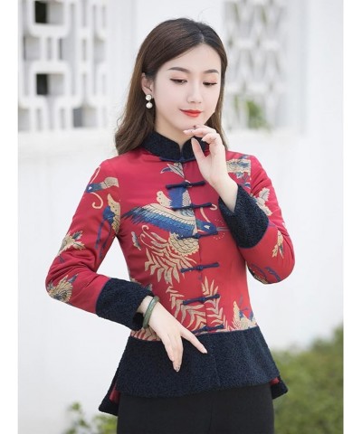 Women Qipao Botton Cotton Clothes Chinese Style Print Tang Suit Clothes Lady Slim Coats Oriental Clothing red-L Small Red $32...