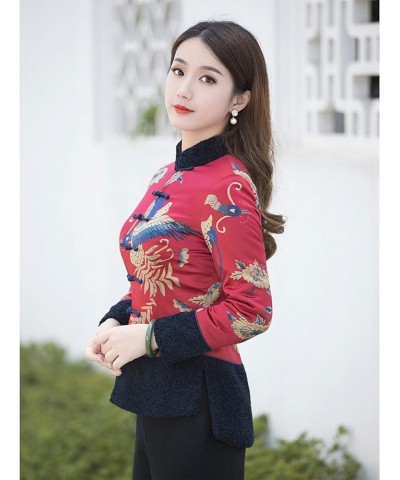 Women Qipao Botton Cotton Clothes Chinese Style Print Tang Suit Clothes Lady Slim Coats Oriental Clothing red-L Small Red $32...