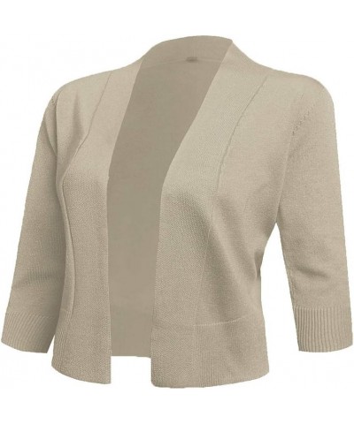 Women's 3/4 Sleeve Cropped Cardigans Sweaters Jackets Open Front Short Shrugs for Dresses Apricot $18.28 Sweaters