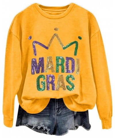 Mardi Gras Outfit for Women Long Sleeve Carnival Print Crew Neck Loose New Party Soft Comfy 2024 Tops H-yellow $5.04 Shirts