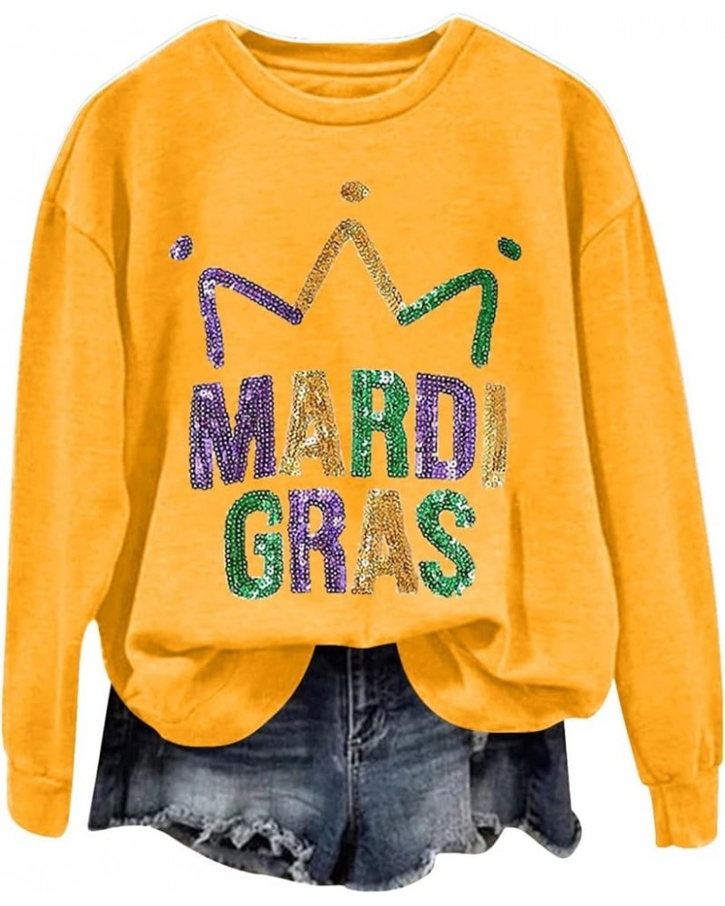 Mardi Gras Outfit for Women Long Sleeve Carnival Print Crew Neck Loose New Party Soft Comfy 2024 Tops H-yellow $5.04 Shirts