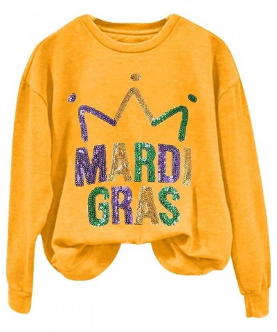 Mardi Gras Outfit for Women Long Sleeve Carnival Print Crew Neck Loose New Party Soft Comfy 2024 Tops H-yellow $5.04 Shirts