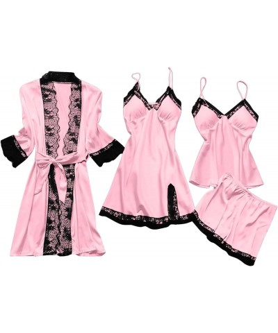 Silk Pajama Sets for Women Satin Robes+Chemise+Cami Tops+Shorts Trendy Pjs Sets Comfy Lounge Sets Soft Sleepwear C1-pink $12....