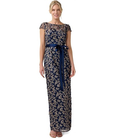 Women's 3D Embroidered Column Gown Navy/Rosegold $60.16 Dresses