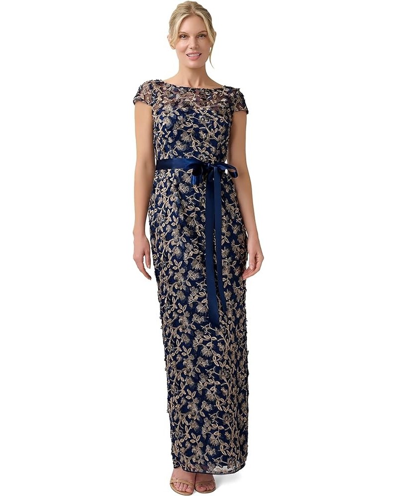 Women's 3D Embroidered Column Gown Navy/Rosegold $60.16 Dresses