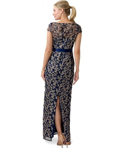 Women's 3D Embroidered Column Gown Navy/Rosegold $60.16 Dresses