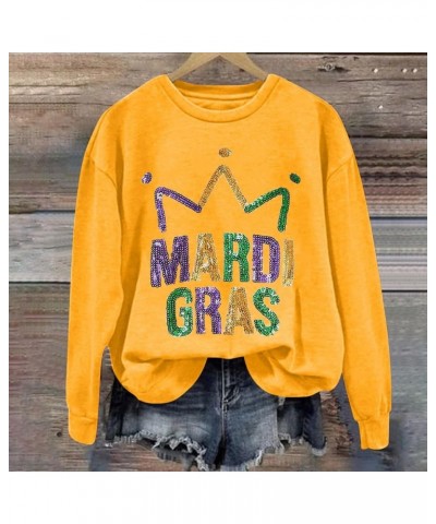 Mardi Gras Outfit for Women Long Sleeve Carnival Print Crew Neck Loose New Party Soft Comfy 2024 Tops H-yellow $5.04 Shirts