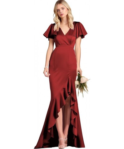 Mermaid Prom Dresses with Slit High Low Satin Ball Gown for Women with Sleeves Satin Evening Dress Burgundy $33.79 Dresses