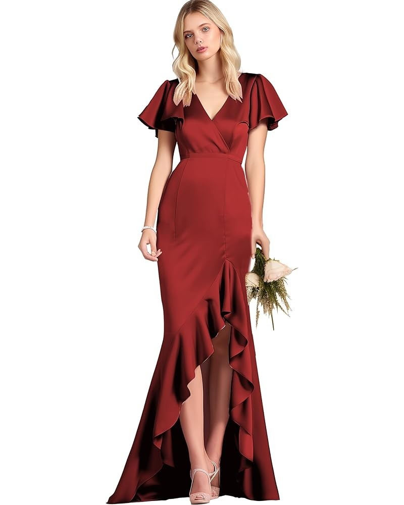 Mermaid Prom Dresses with Slit High Low Satin Ball Gown for Women with Sleeves Satin Evening Dress Burgundy $33.79 Dresses