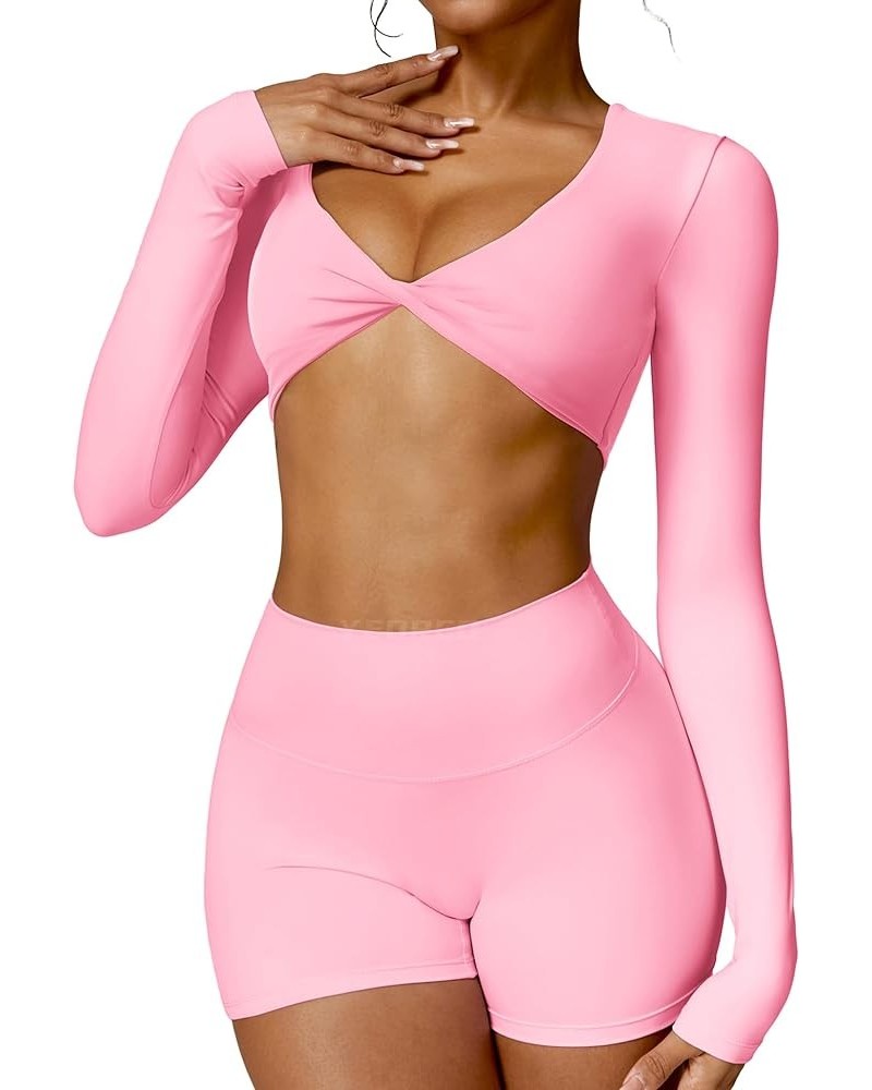 Kyla Women Crop Top Long Sleeve Padded Sports Low Medium Impact Yoga Shirt Workout Pink $16.66 Activewear