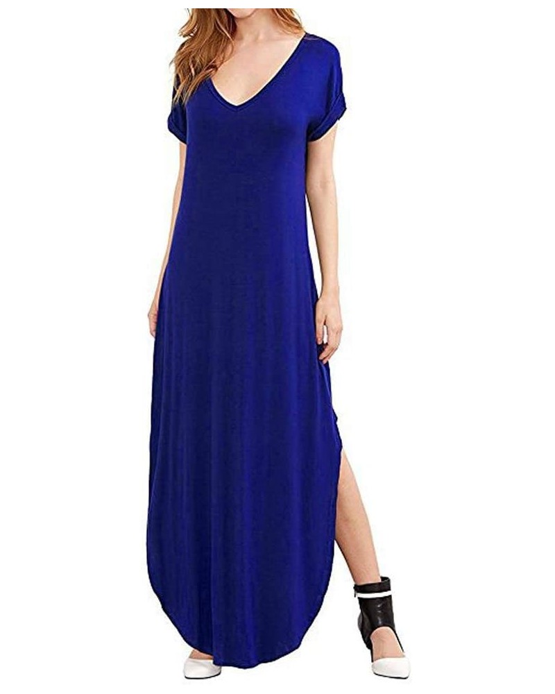 Womens V-Neck Short Sleeve Plain Long Dress Casual Beach Dresses with Pockets 152 152 Blue $12.25 Dresses