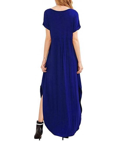 Womens V-Neck Short Sleeve Plain Long Dress Casual Beach Dresses with Pockets 152 152 Blue $12.25 Dresses