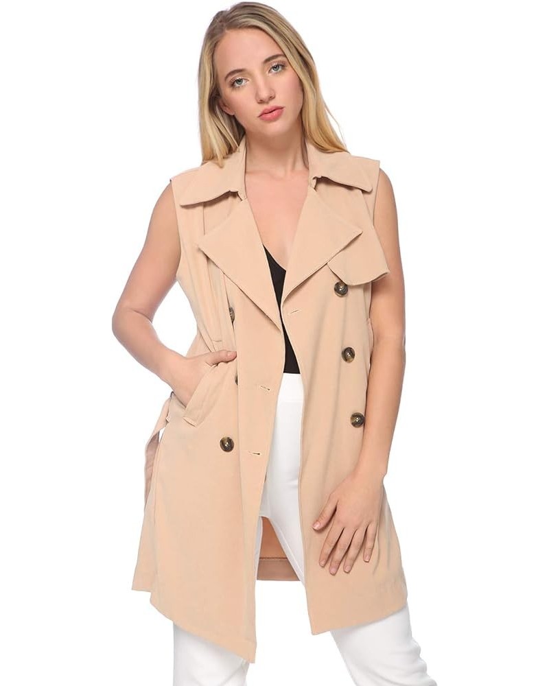 Womens Double-Breasted Long Trench Sleeveless Fall Vest Coat Khaki $11.76 Coats