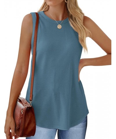 Crewneck Soft Waffle Knit Tank Top Women Loose Fit Curved Hem Cotton Beach Tops Trendy D-blue $12.40 Tops