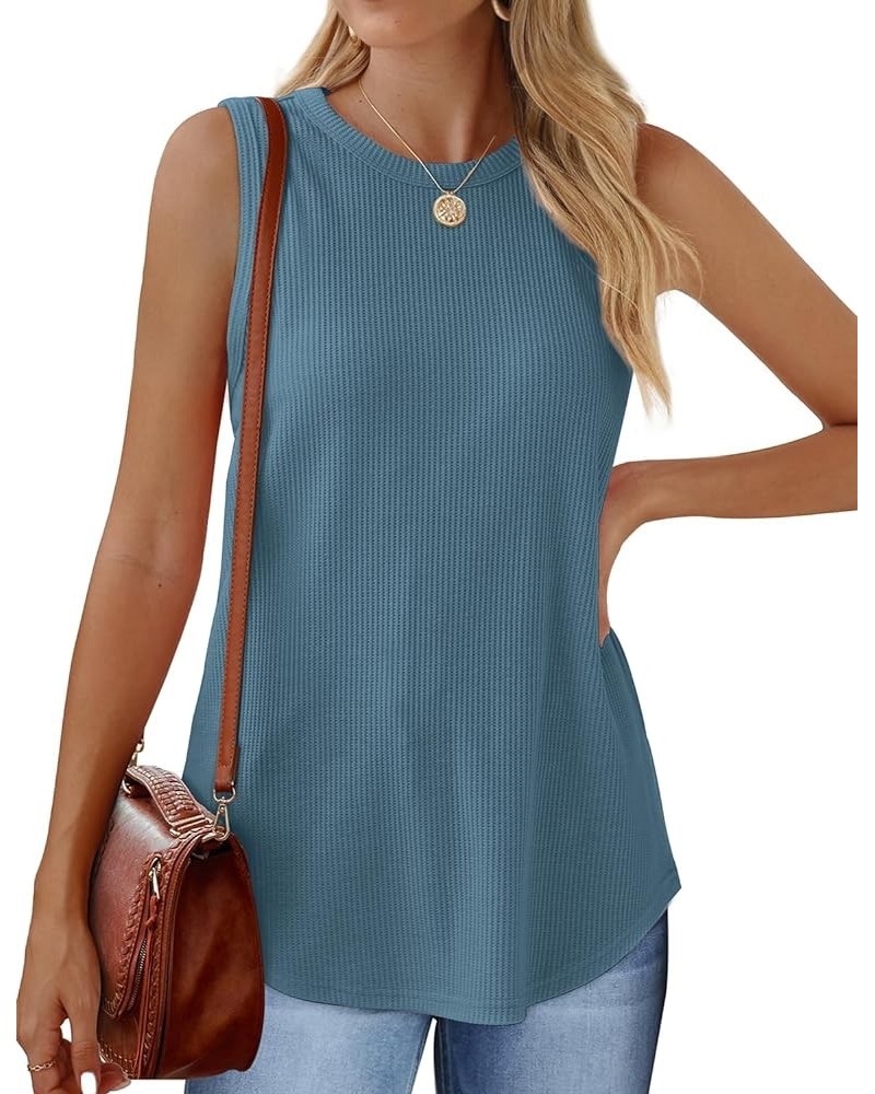 Crewneck Soft Waffle Knit Tank Top Women Loose Fit Curved Hem Cotton Beach Tops Trendy D-blue $12.40 Tops