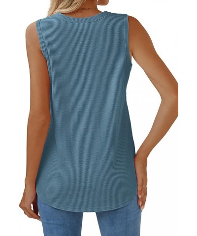 Crewneck Soft Waffle Knit Tank Top Women Loose Fit Curved Hem Cotton Beach Tops Trendy D-blue $12.40 Tops