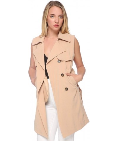 Womens Double-Breasted Long Trench Sleeveless Fall Vest Coat Khaki $11.76 Coats