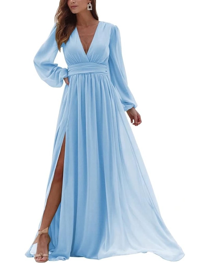 Long Sleeves Bridesmaid Dresses with Slit Pleated V Neck Chiffon Wedding Guest Gowns Formal Evening Dress for Women Light Blu...