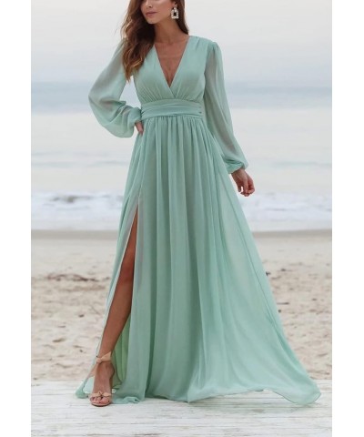 Long Sleeves Bridesmaid Dresses with Slit Pleated V Neck Chiffon Wedding Guest Gowns Formal Evening Dress for Women Light Blu...