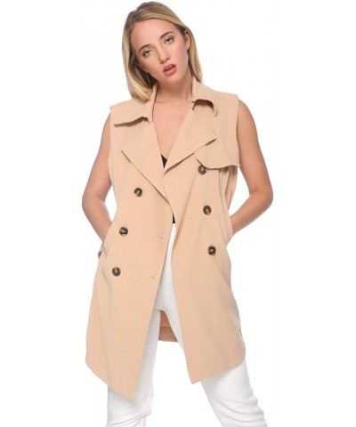 Womens Double-Breasted Long Trench Sleeveless Fall Vest Coat Khaki $11.76 Coats