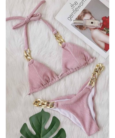 Women's Sexy Thong Bikini Crystal Side Bottom Triangle Bikini Halter Swimsuits Pink&rib $17.41 Swimsuits