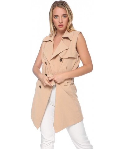 Womens Double-Breasted Long Trench Sleeveless Fall Vest Coat Khaki $11.76 Coats