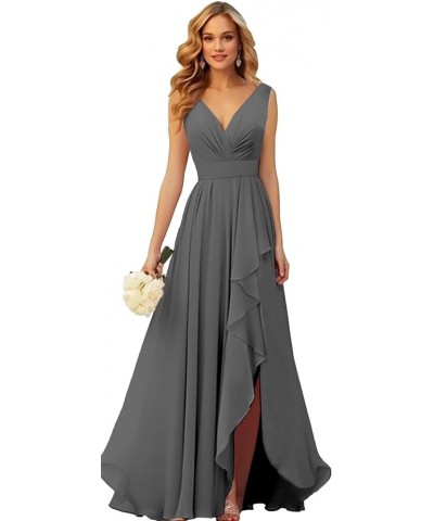 V Neck Chiffon Bridesmaid Dresses for Wedding Long Formal Evening Gown with Ruffle Slit Grey $28.41 Dresses