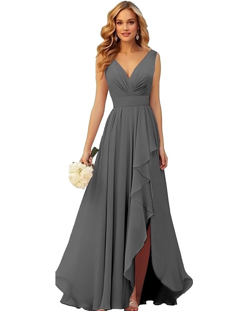 V Neck Chiffon Bridesmaid Dresses for Wedding Long Formal Evening Gown with Ruffle Slit Grey $28.41 Dresses