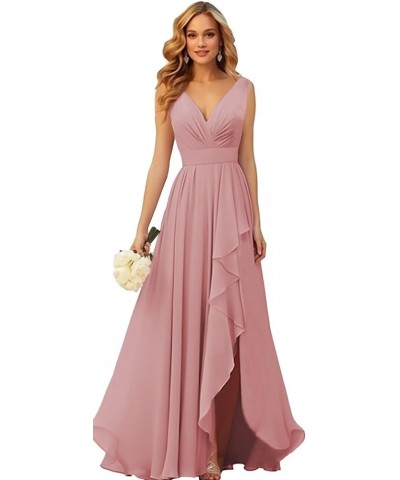 V Neck Chiffon Bridesmaid Dresses for Wedding Long Formal Evening Gown with Ruffle Slit Grey $28.41 Dresses